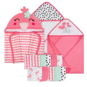 13-Piece Girls Terry Hooded Bath Wrap, Hooded Towels and Washcloth Set - Flamingo