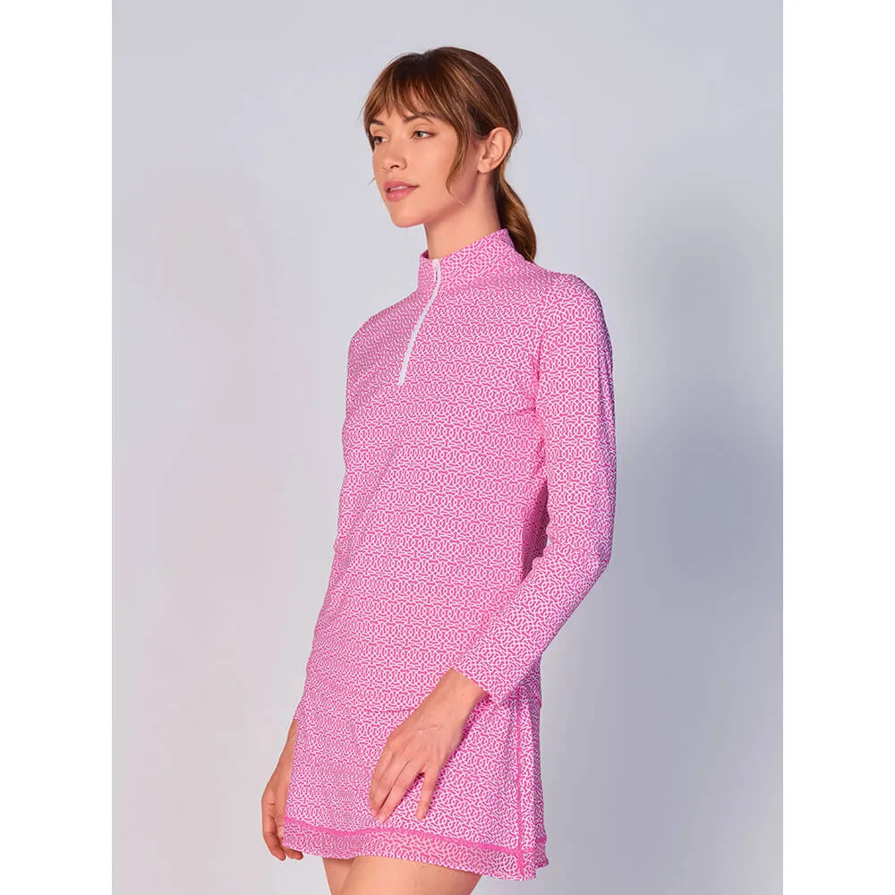 G Lifestyle Cubic Long Sleeve Zip Mock Neck Top - Hot Pink