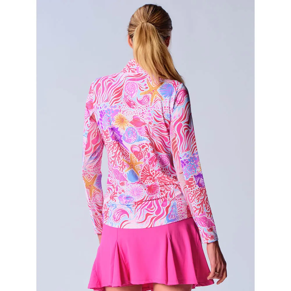 G Lifestyle Long Sleeve Print Zip Mock Neck Top - Pink Sea Wave