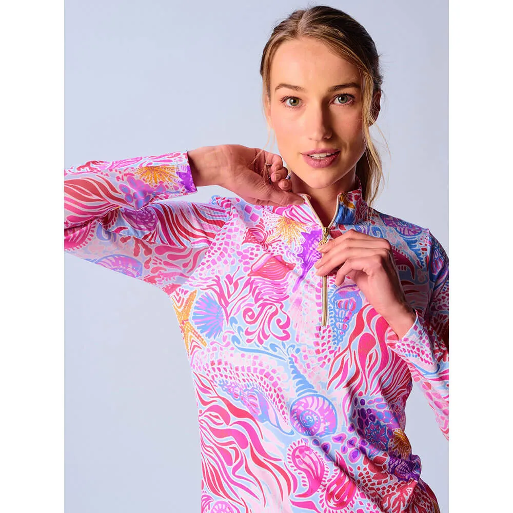 G Lifestyle Long Sleeve Print Zip Mock Neck Top - Pink Sea Wave