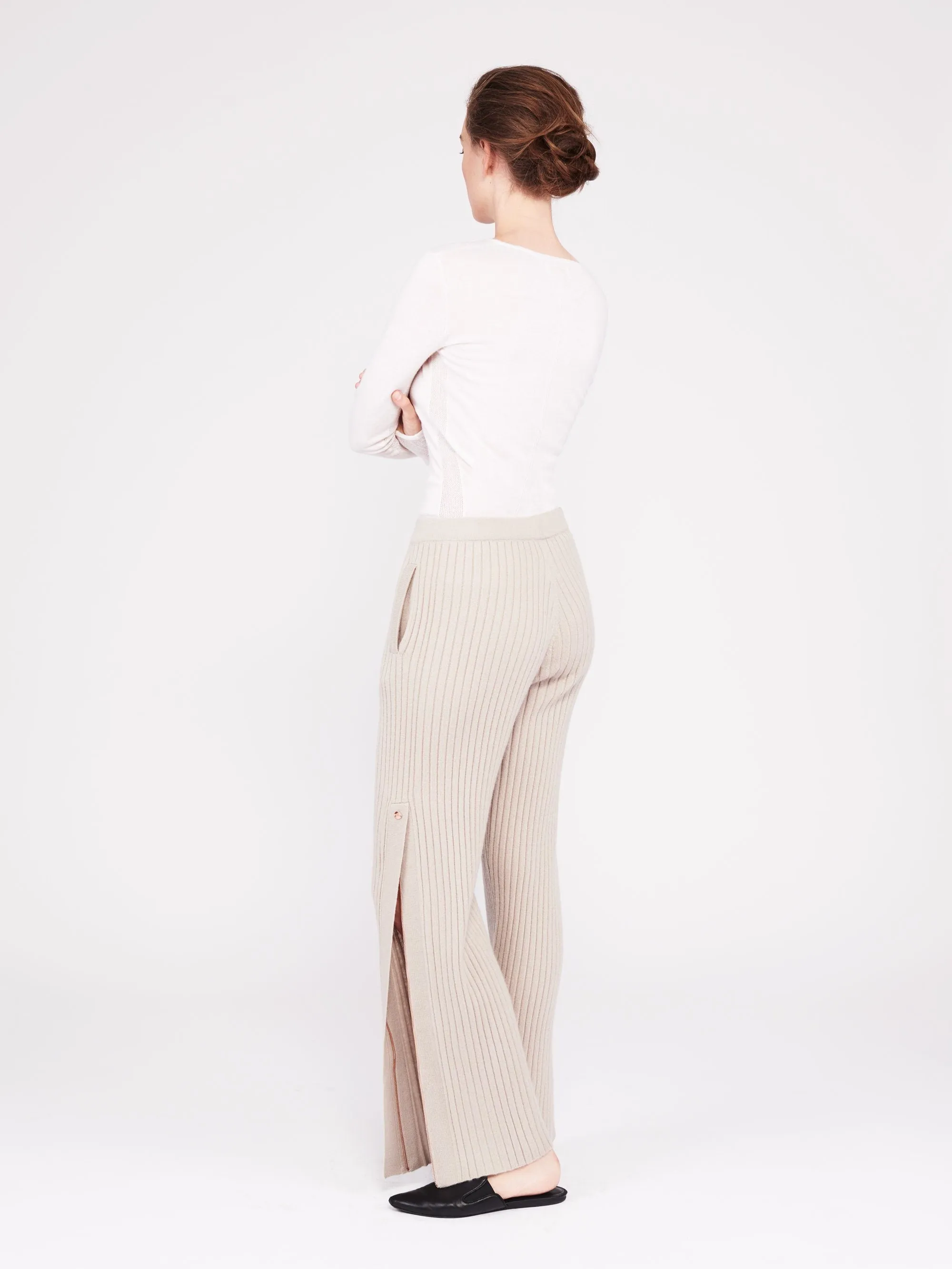 Get Set Ribbed Cashmere Wide-Leg Track Pants - Sand