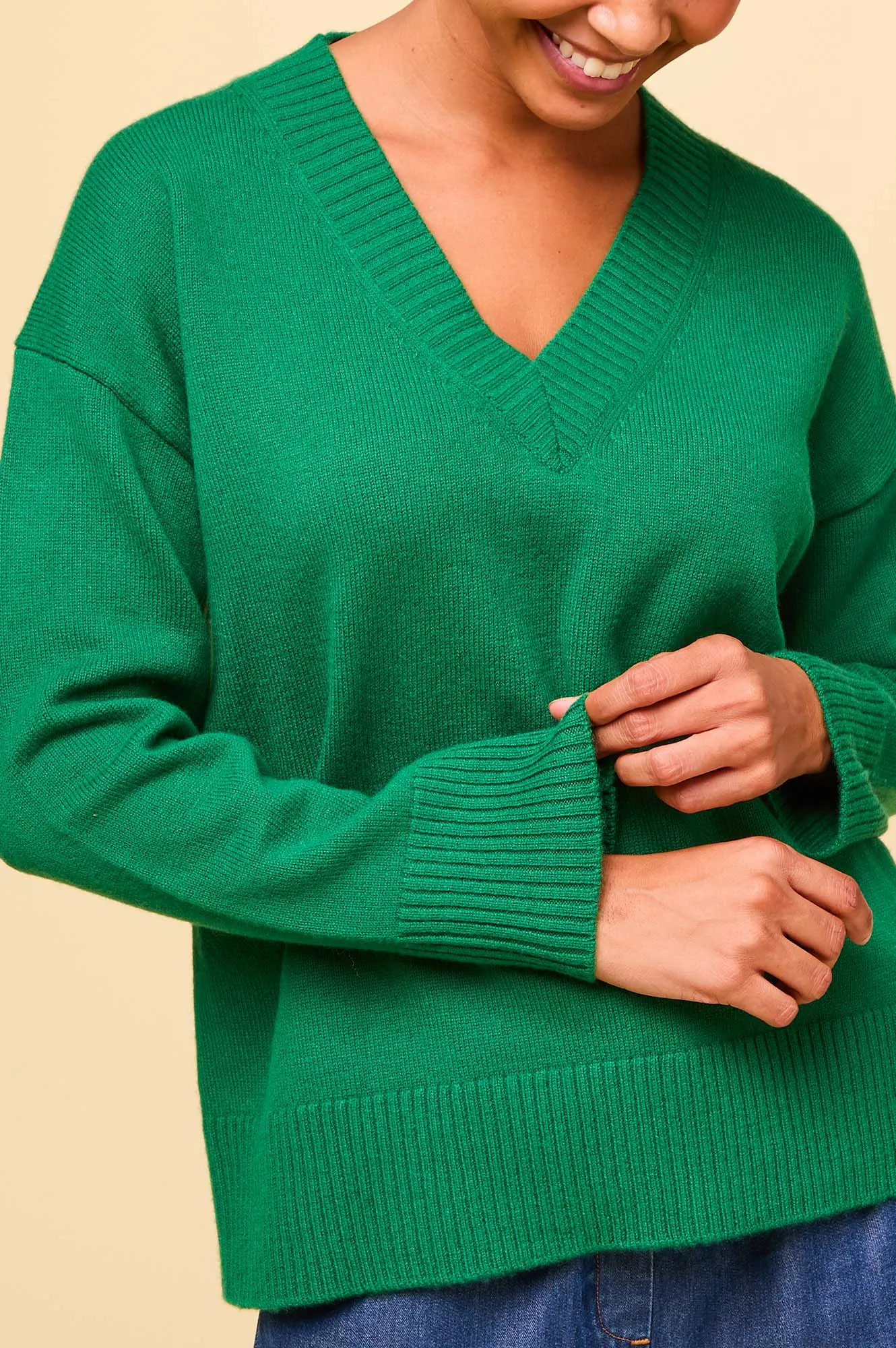 Merino Wool Relaxed V Neck Jumper | Fern