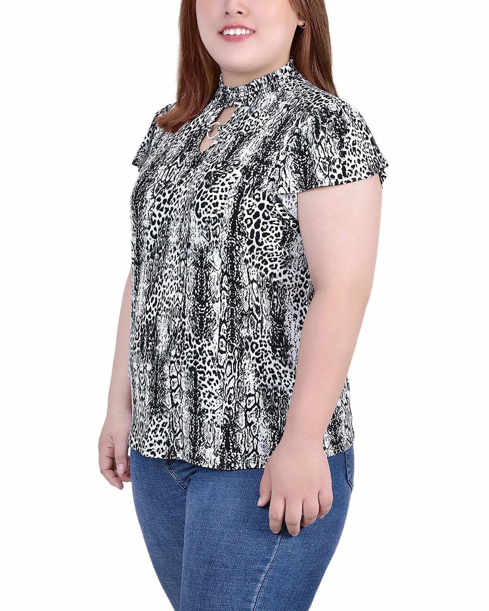 Plus Size Short Flutter Sleeve Mock Neck Top