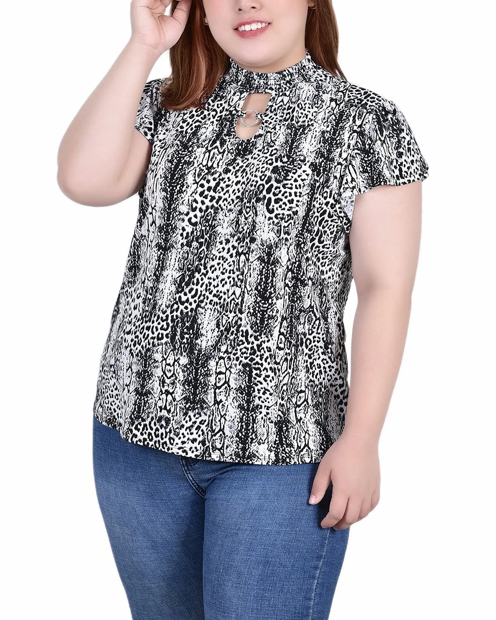 Plus Size Short Flutter Sleeve Mock Neck Top