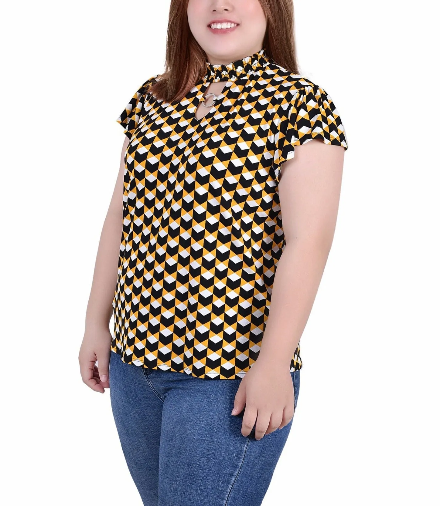 Plus Size Short Flutter Sleeve Mock Neck Top