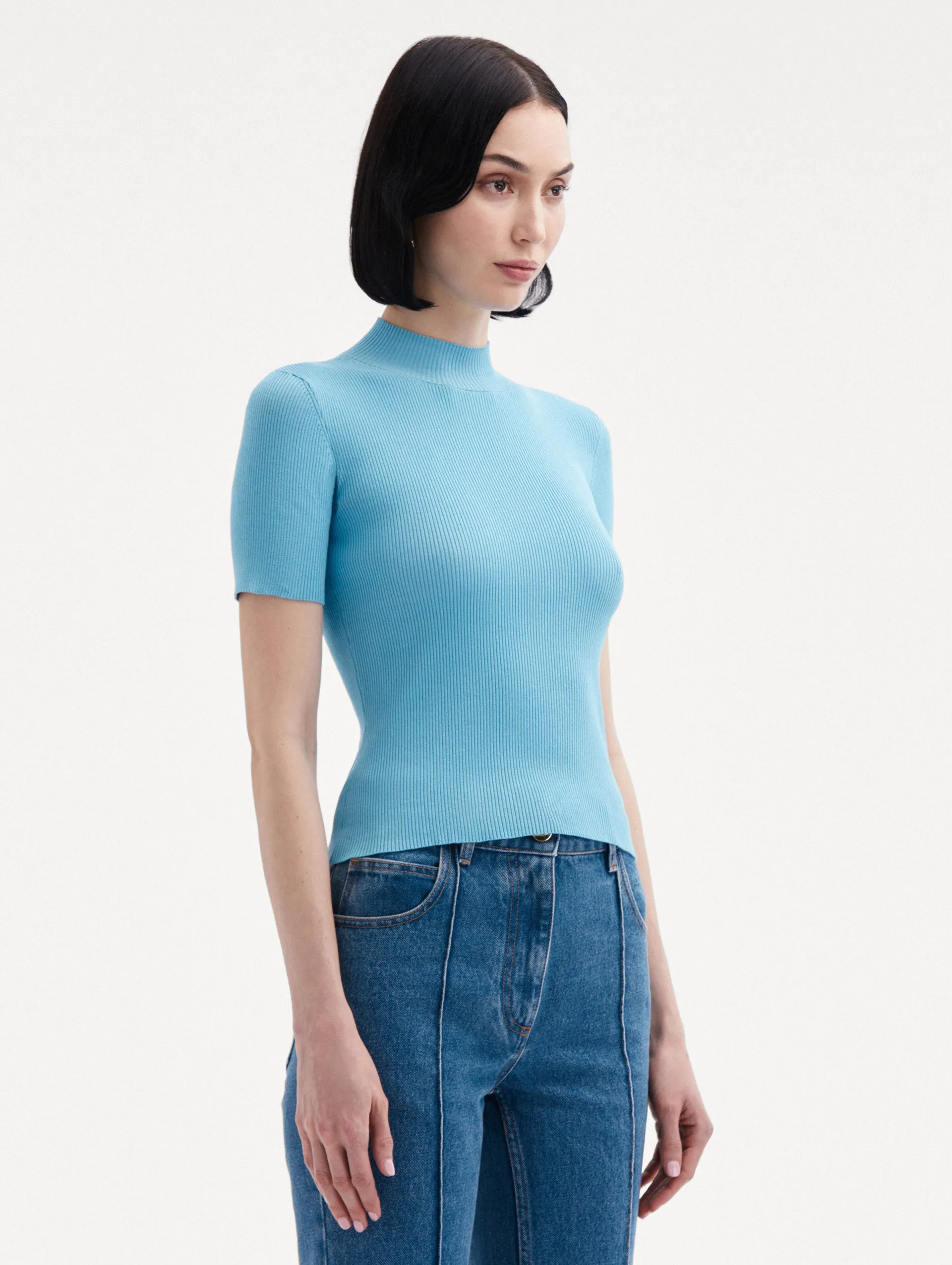 Short Sleeve Mock Neck Ribbed Pullover